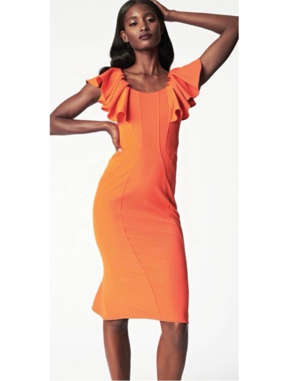 NWT ZAC ZAC POSEN | Dark Orange Ruffle Shoulders Scoop Neck‎ Midi Dress Sz. 6